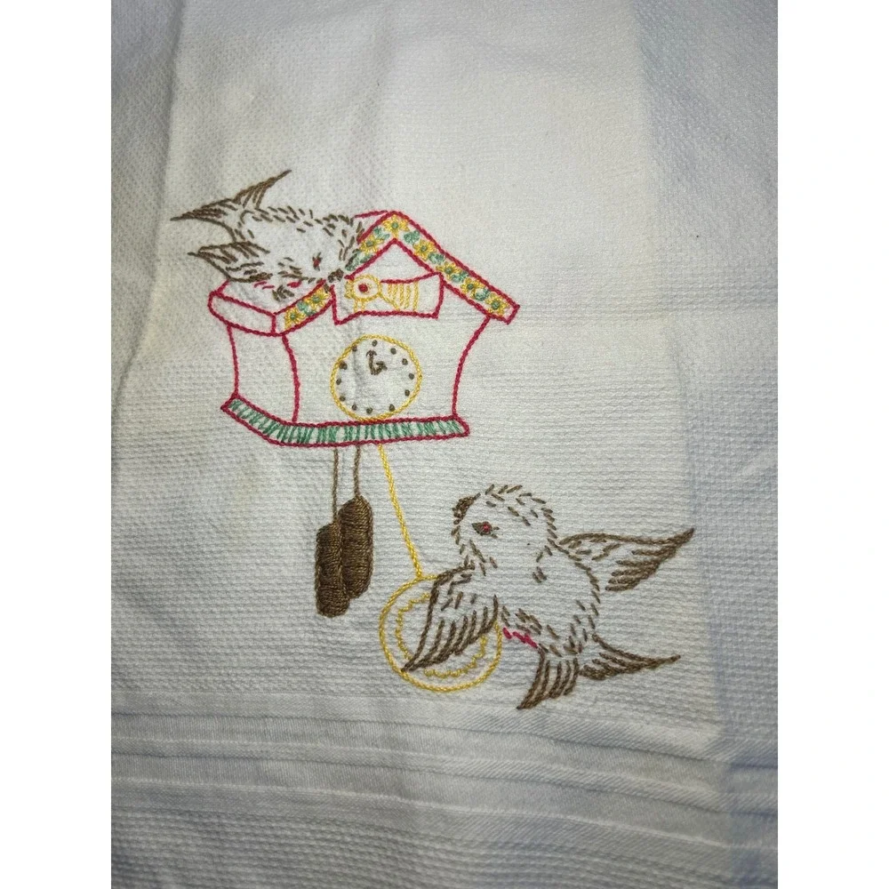 Vintage Hand Embroidered Tea Towel Birds Cuckoo Clock Cattails White Cotton